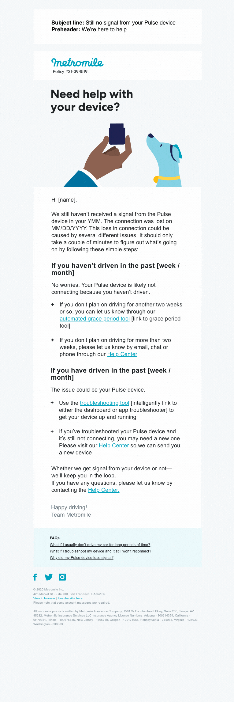 Animated email mockup asking the customer if they need help reconnecting their Pulse device.